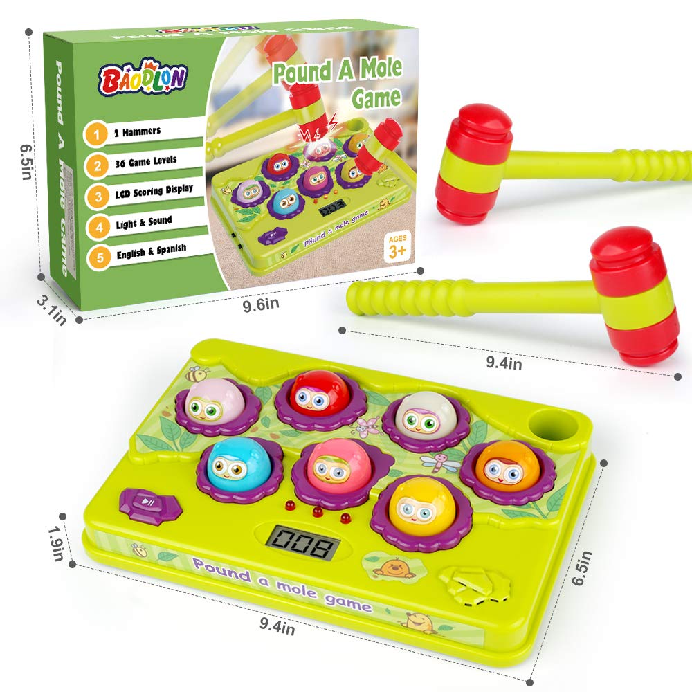 BAODLON Interactive Pound a Mole Game, Toddler Toys, Light-Up Musical Pounding Toy, Early Developmental Toy, Fun Gift for Age 3, 4, 5 Years Old Kids, Boys, Girls, 2 Soft Hammers Included