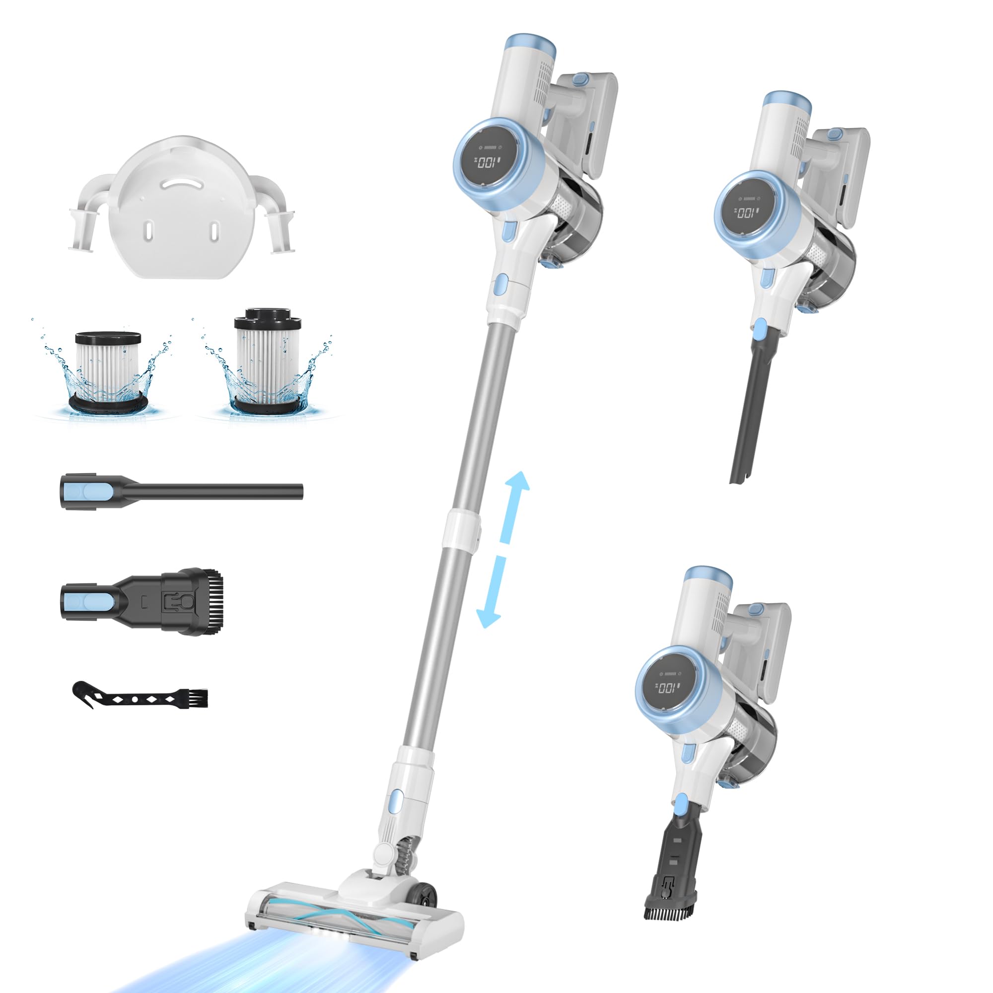 Cordless Vacuum Cleaner, 500W 45Kpa Powerful Stick Vacuums with 45 Mins Runtime, LED Touch Display, Lightweight, Ideal for Pet Hair and All Floor Types, 1.5L Dust Cup, 6-in-1 Versatility (White)