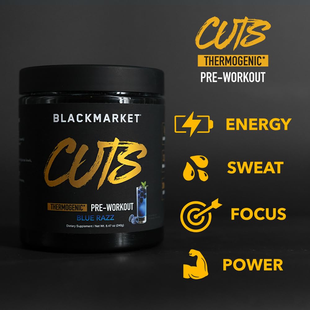 BLACKMARKET CUTS Pre Workout - Flavored Energy Powdered Drink Mix for Men & Women, Great for Muscle Definition, Thermogenic, Creatine Free, (Blue Razz, 30 Servings)