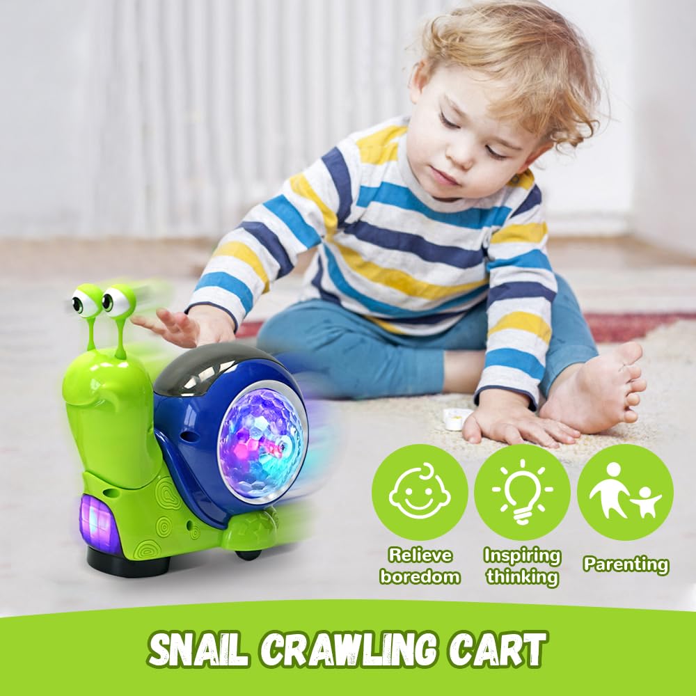 Bysku Baby Toddler Infant Luminous Snail Toy, Electric Tummy Time Toys Crawling Snail Musical Toys with Light-up Music, Light-Up Walking Dancing Moving Interactive Sensory Toy (Green)