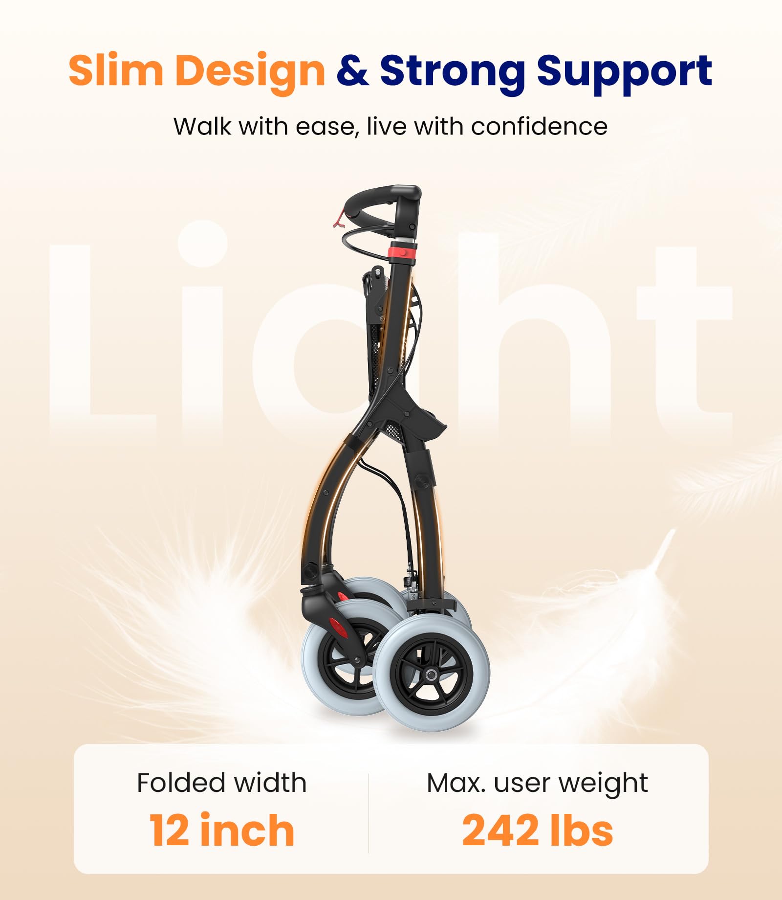 Narrow Rollator Walkers for Small Spaces, Indoor Rollator Foldable and Lightweight, Stable Home Rollator with Quiet Anti-Slip Tires, Rollators for Seniors Foldable with Tray
