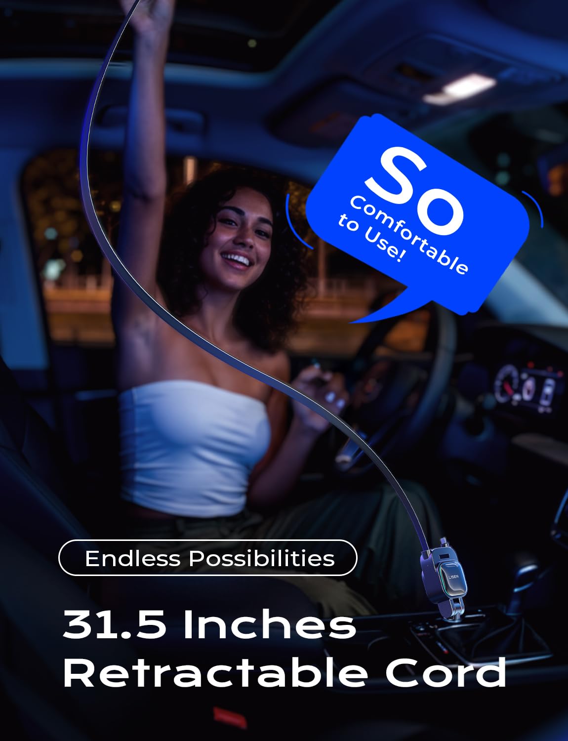 LISEN 96W Fast Charging Retractable Car Charger[USB C Cable & L Cable], 4 in 1 Retractable Car Charger Fast Charging Car Charger for iPhone 17 Pro Max 16 15 14 13, Samsung Galaxy S25/24,Black