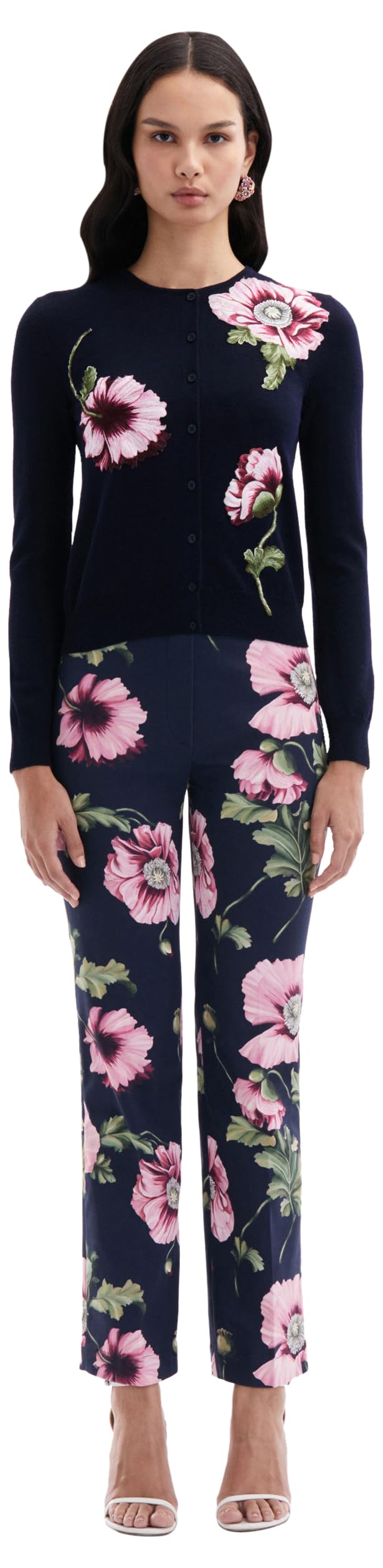 Oscar de la Renta, Poppy Threadwork Cardigan, Navy/Pink, XL