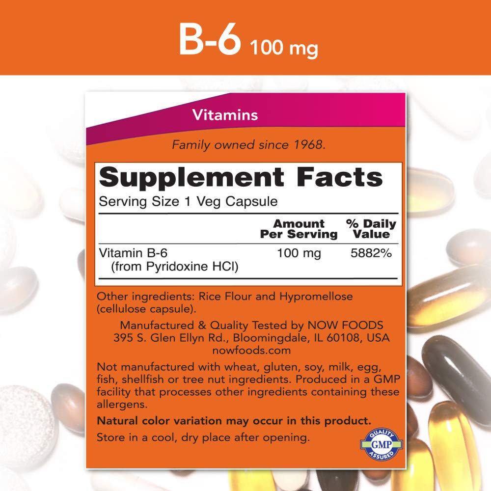 NOW Vitamin B-6 100mg,250 Capsules (Pack of 2)