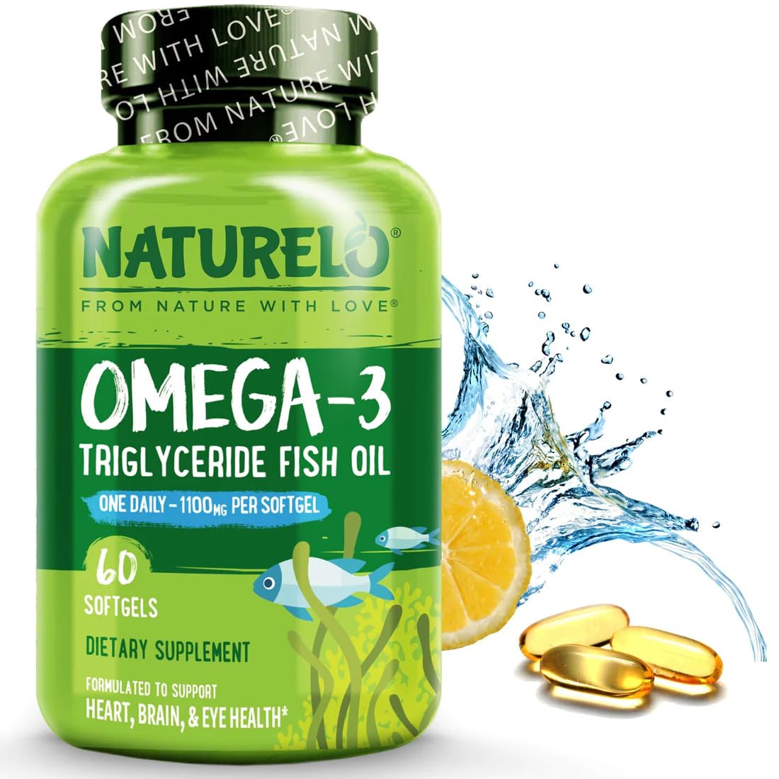 NATURELO Omega-3 Fish Oil Supplement - EPA + DHA - 1100 mg Triglyceride Omega-3 per Gel - One A Day - for Heart, Eye, Brain, Joint Health - No Burps - Lemon Flavor - 60 Softgels | 2 Month Supply