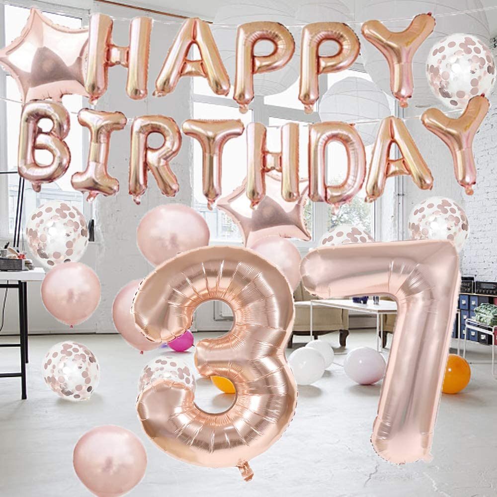 37th Birthday Decorations Party Supplies,37th Birthday Balloons Rose Gold,Number 37 Mylar Balloon,Latex Balloon Decoration,Great Sweet 37th Birthday Gifts for Girls,Photo Props