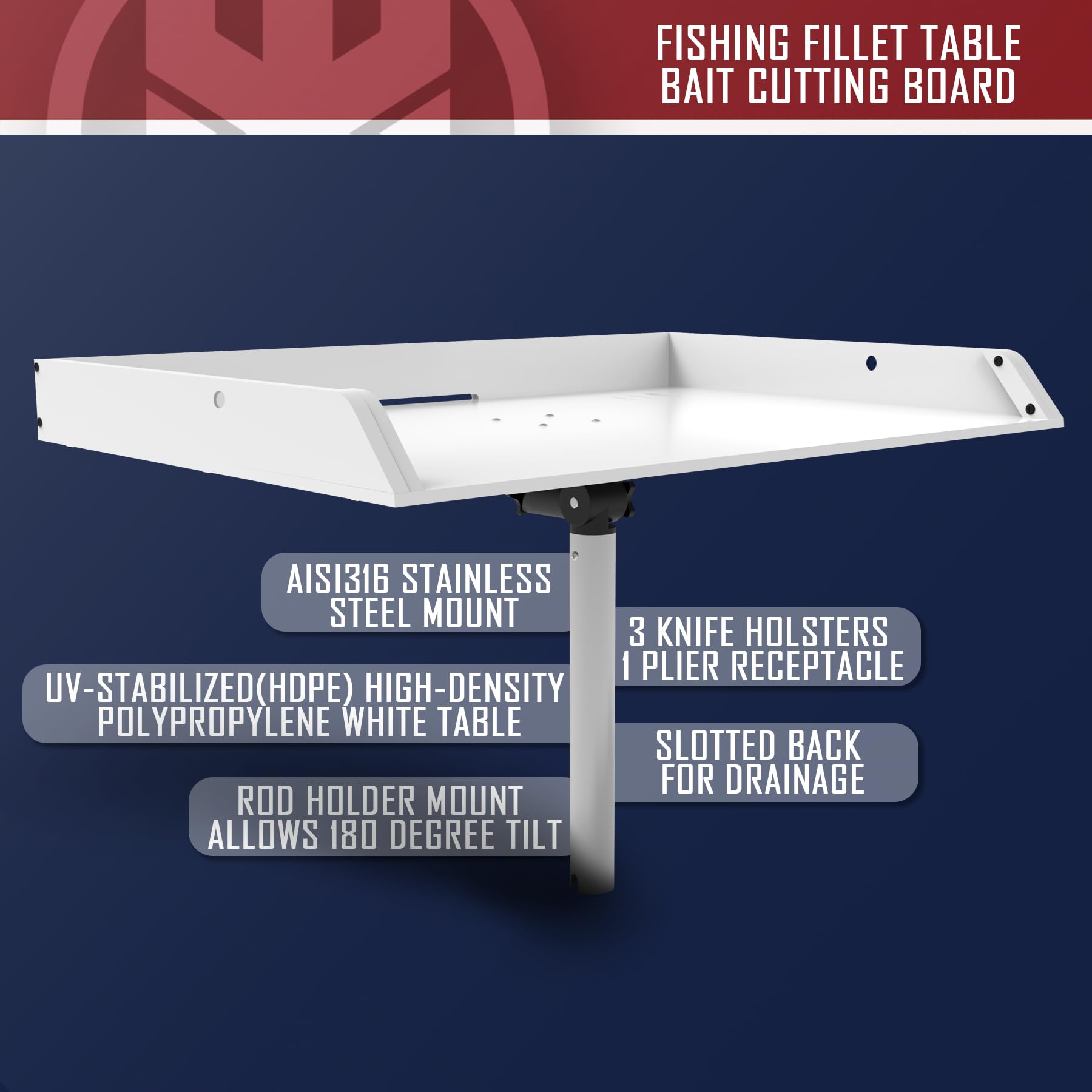KNINE OUTDOORS Bait Cutting Board for Boat, Boat Cutting Board, with Rod Holder Mount Plier Storage and Knife Slot, for Fish Cleaning Station Fishing Fillet Table, Boat Accessories Marine