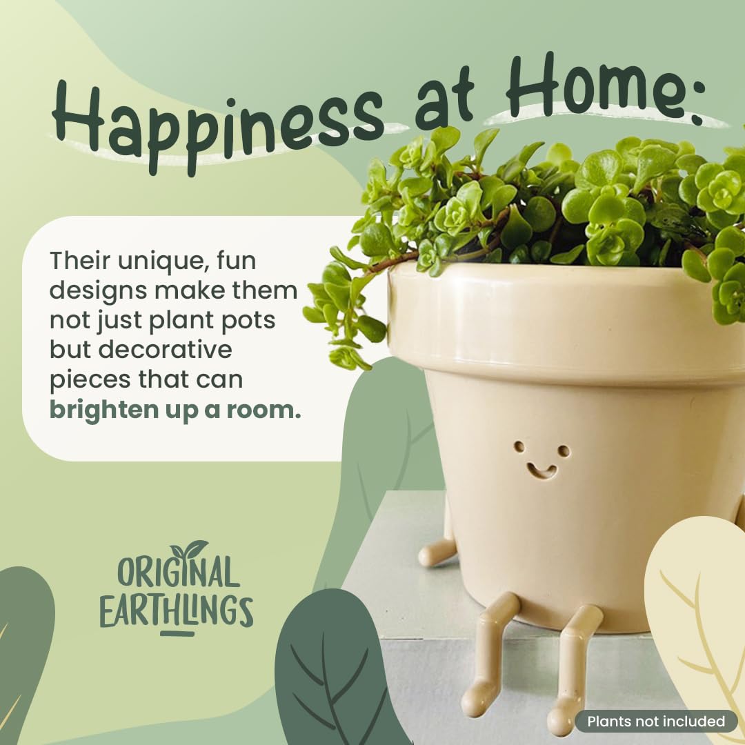 Original Earthlings Sitting Pot - 3.5 Inch Cute Plant Pot - Plastic Funny Planter with Drainage - Unique Cactus Plant Lover Gift - Small Succulent Face Flower Pot - Cute Plant Gifts for Plant Lovers