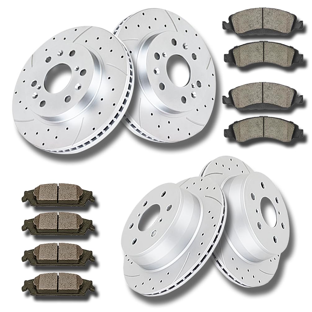 Front and Rear Brake Kit, Drilled and Slotted Brake Rotors Ceramic Brake Pads Suitable for CADILLAC ESCALADE SILVERADO 1500 TAHOE GMC YUKON