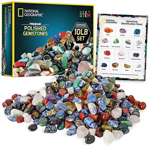 NATIONAL GEOGRAPHIC Premium Polished Stones - 2 Pounds of 1/2-Inch Tumbled Stones and Crystals Bulk, 4500+ Carats, Rock and Mineral Kit, Rocks for Kids, STEM Toys