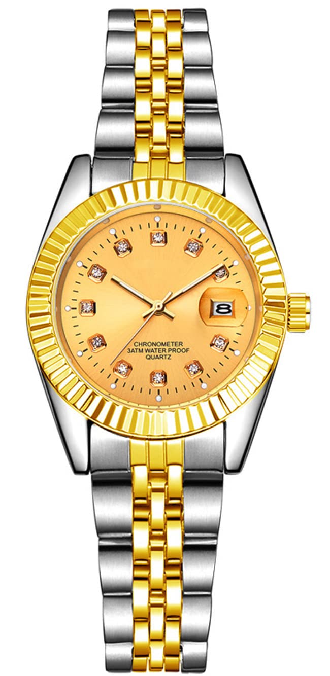 BESTKANG Luxury Womens Quartz Analog Watches Rhinestone Calendar Waterproof Luminous Gold Silver Two Tone Stainless Steel Watches (Silver Gold)