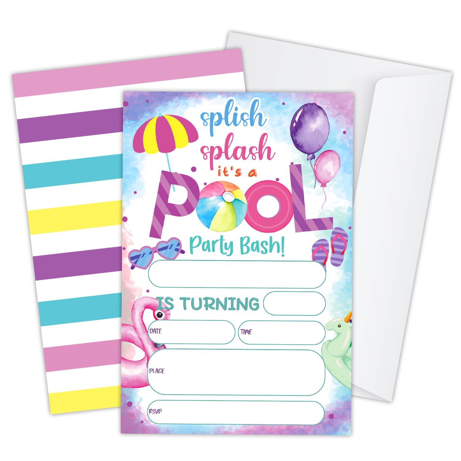 haipino Splish Splash Pool Birthday Party Invitation, Pool Party Invitation Cards for Kids Girls Boys, Summer Swimming Birthday Party Celebration Supplies, 20 Invitations with Envelopes - JY741