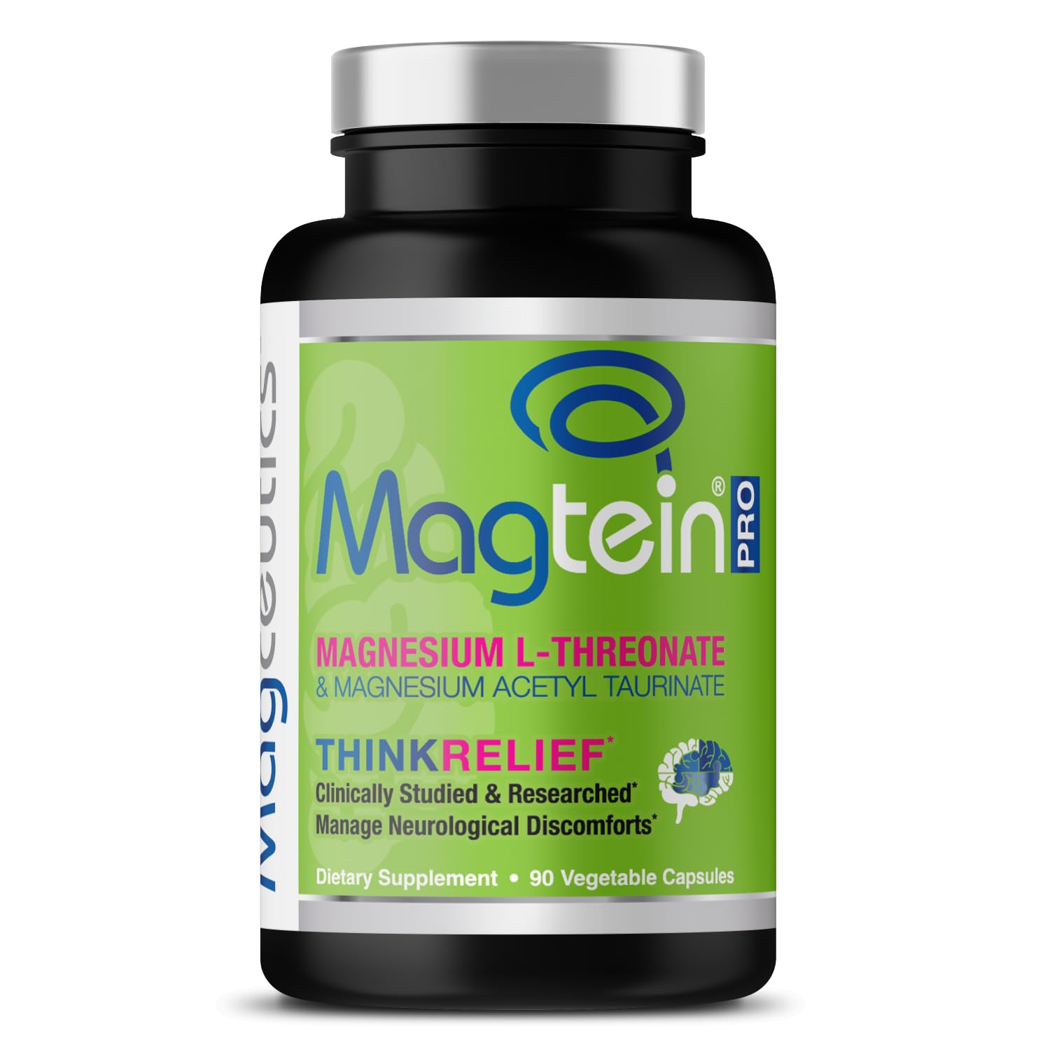 MagteinPRO with Magnesium L-Threonate and Magnesium Acetyl Taurinate to Relief PMS and Cramp, Brain Discomforts and Light Sensitives - 90 Veg Caps