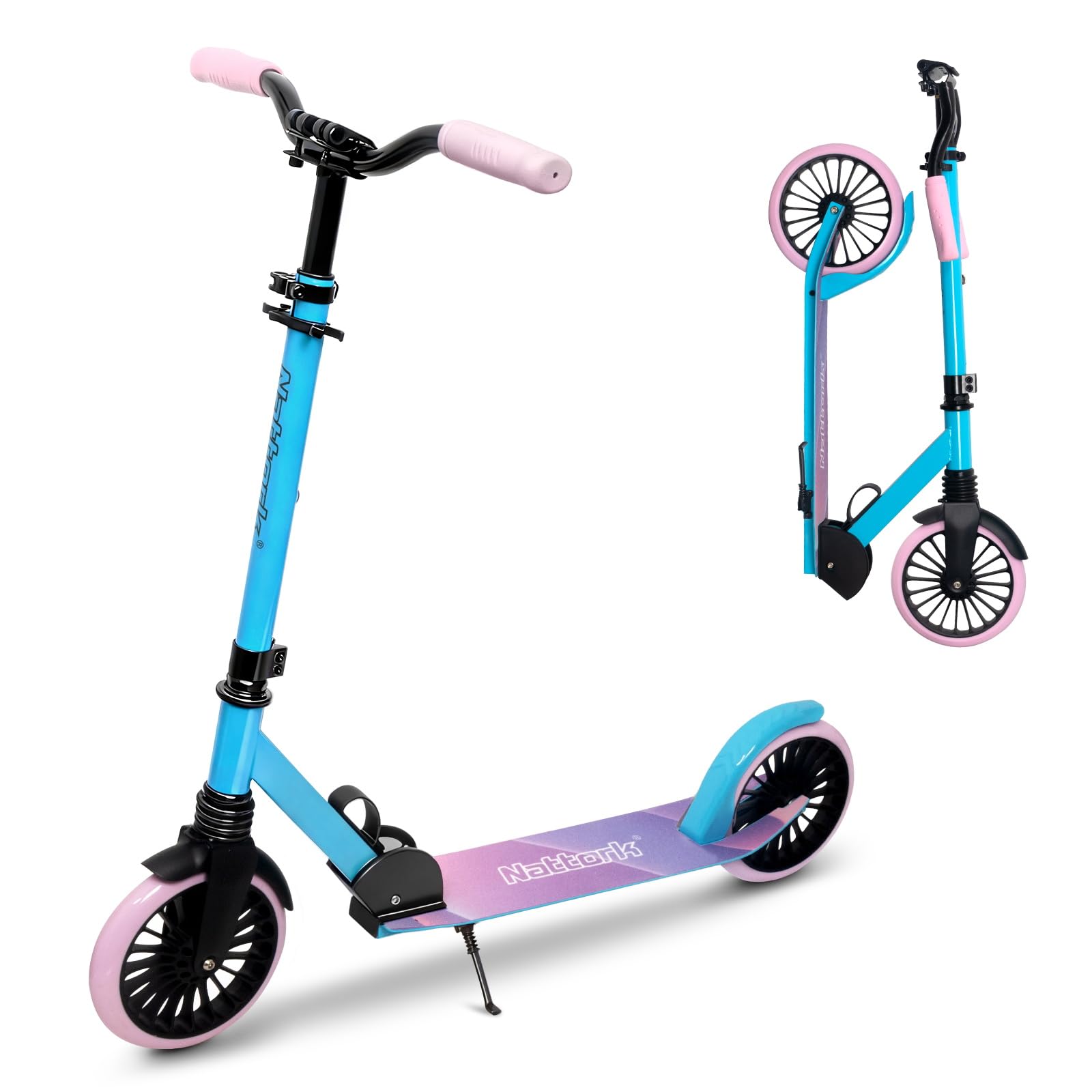 Nattork Kick Scooter for Teens Adults, Max Load 240 LBS, Adjustable Height Foldable with 8" Large Wheels, Anti-Shock Suspension Blue