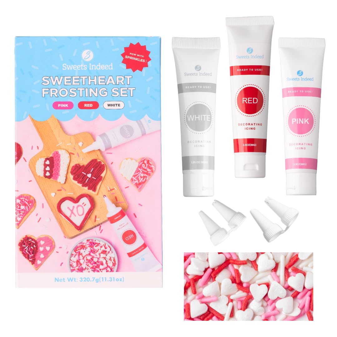 Sweets Indeed, Valentines Day Frosting Kit plus Heart Sprinkles, 3 Frosting Tubes, 2.5 ounces Sprinkes, 4 nozzles, 13.08 ounces, Perfect for baking and cookie decoarting (Sweetheart)