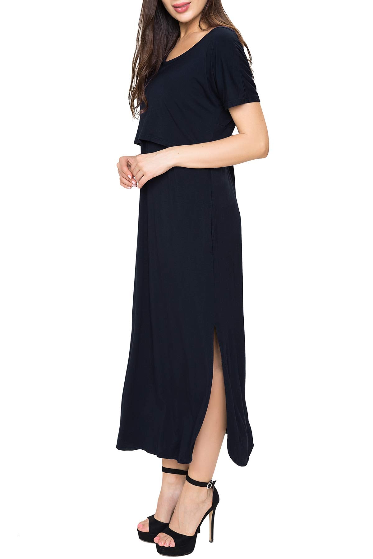 Smallshow Women's Maternity Nursing Dresses Split Long Dress for Breastfeeding Medium Black