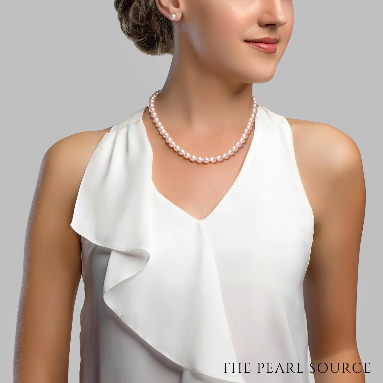 The Pearl Source Real Pearl Necklace & Earrings for Women with 8.5-9.5mm AAAA Quality Round White Freshwater Genuine Cultured Pearl Strand Set with 14K Gold Clasp & Matching Stud Earrings