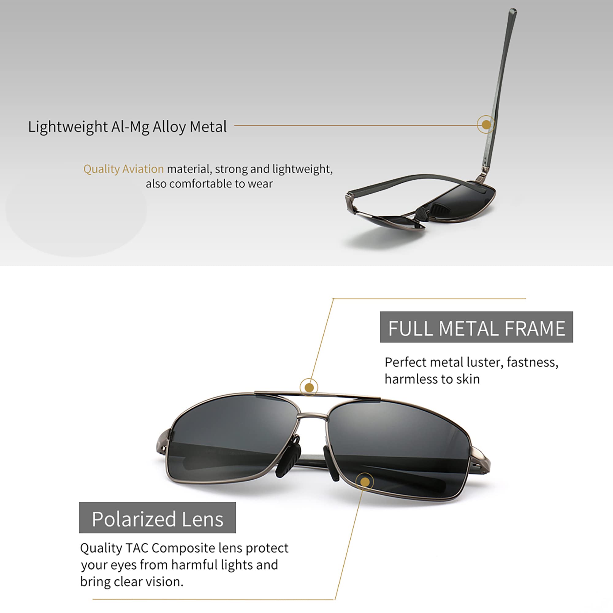 SUNGAIT Ultra Lightweight Rectangular Polarized Sunglasses Men UV400 Protection (Gunmetal Frame Gray Lens, 62) Metal Frame SGT458 QKH-CA