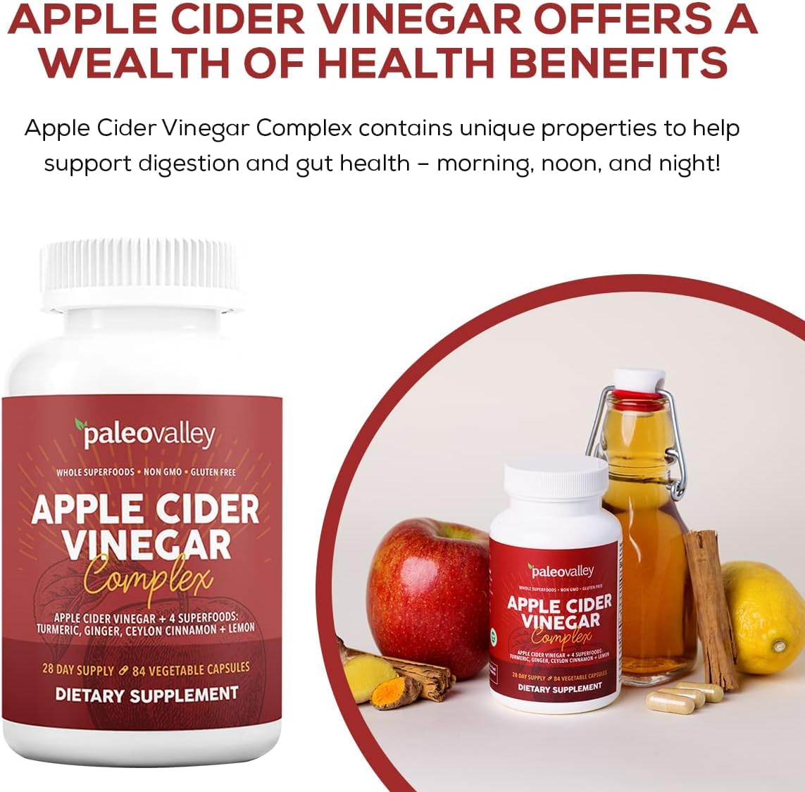 Paleovalley Apple Cider Vinegar Complex with Superfoods - Turmeric, Ginger, Ceylon Cinnamon and Lemon - 84 Vegetable Capsules