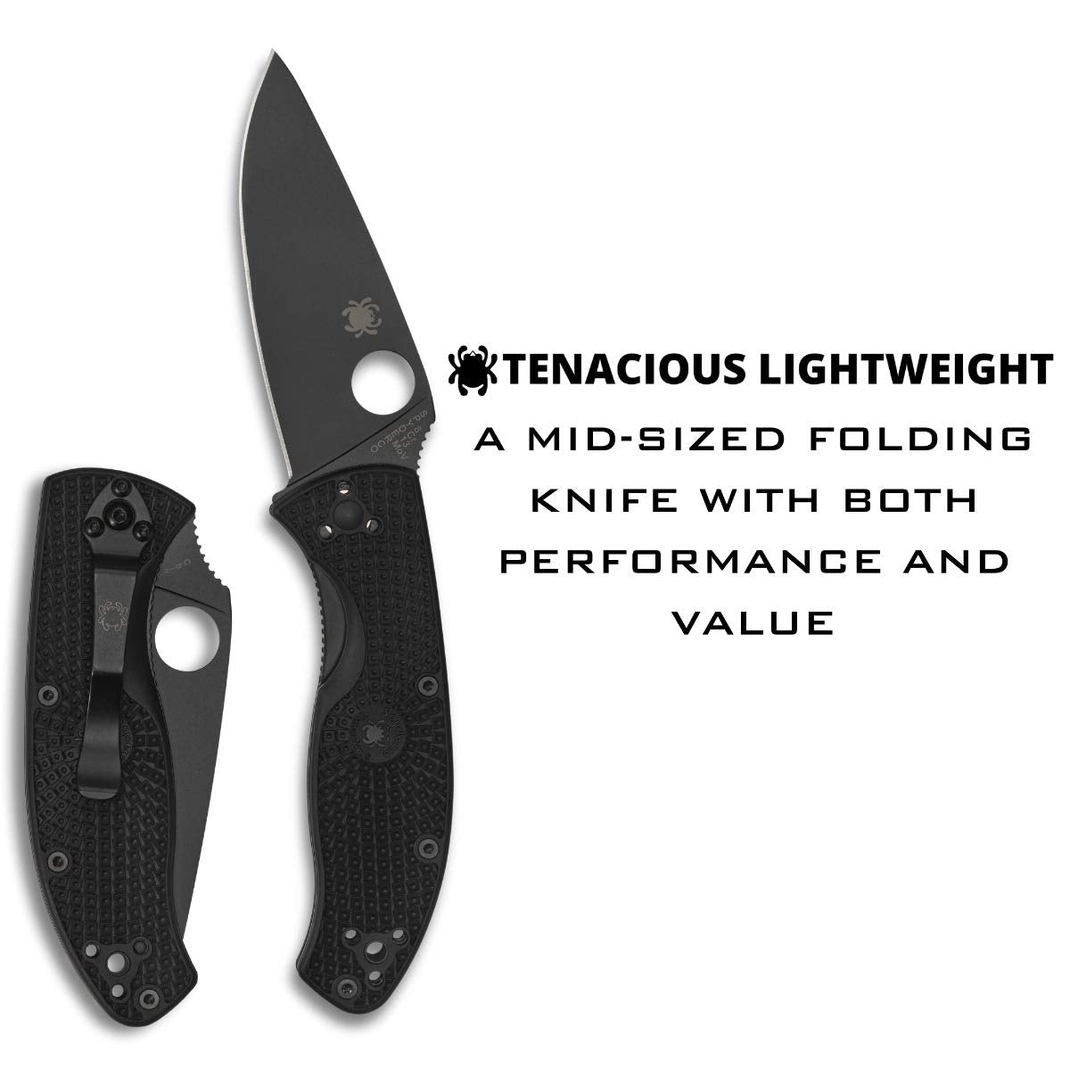 Spyderco Tenacious Lightweight EDC Folding Utility Knife - 3.39" Black Stainless Steel Blade, Black FRN Handle, PlainEdge - C122PBBK