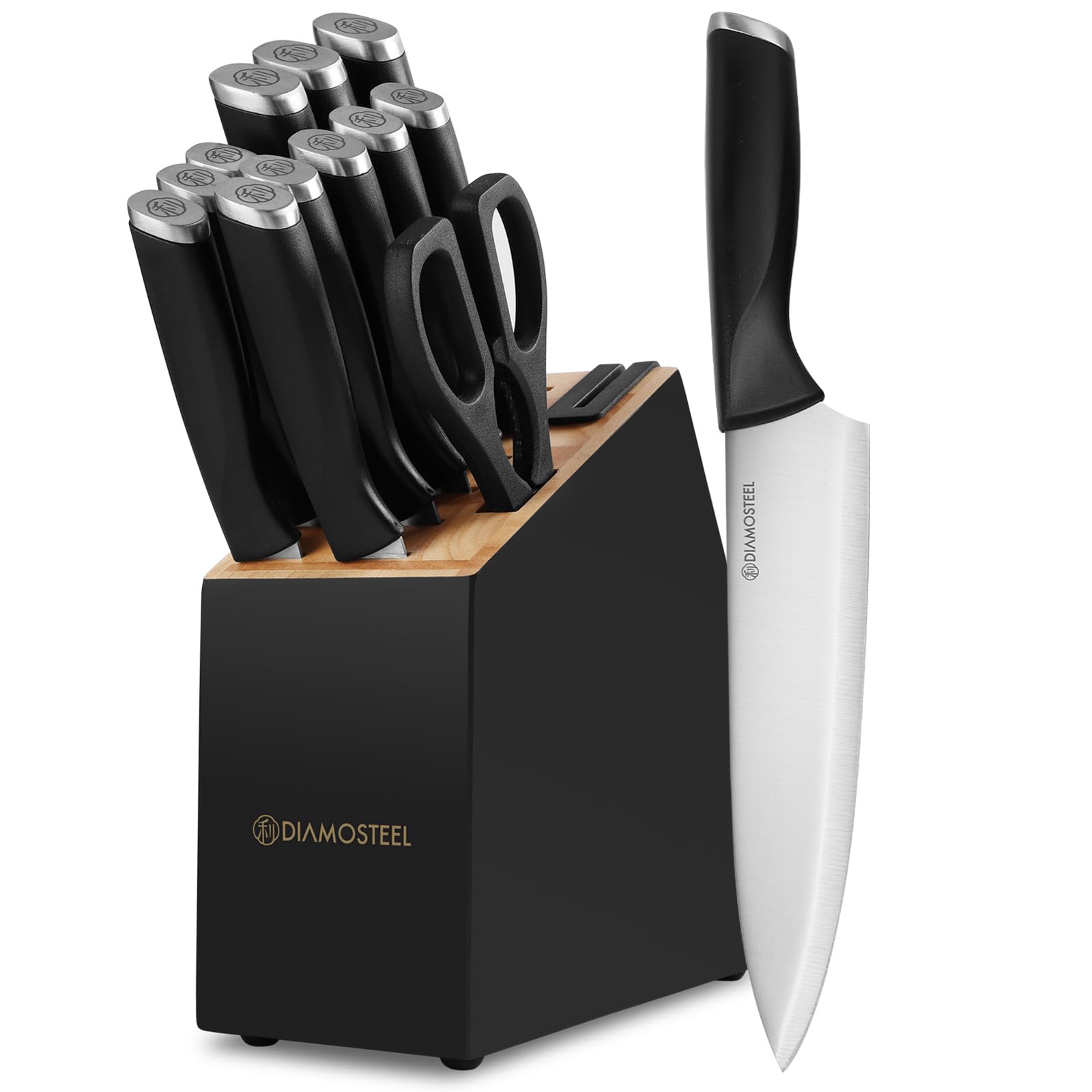 diamosteel 13 Pieces Black Knife Block Set with Built-in Sharpener Scissors for Kitchen Meat & Vegetable Cutting, Present for Family & Restaurant