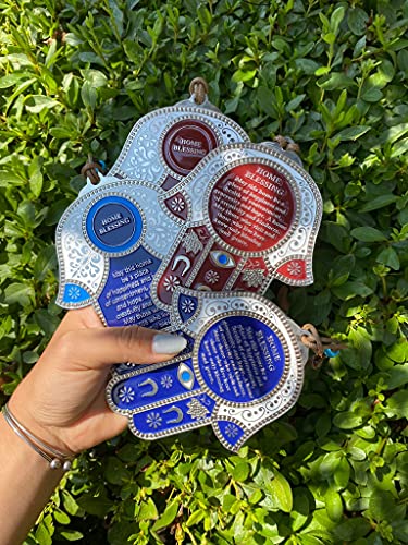 Hamsa Wall Decor Red/Blue Evil Eye Charm Protection Amulet Home/Business Good Luck Charms in English/Hebrew Blessings (Blue/White, English Blessing)
