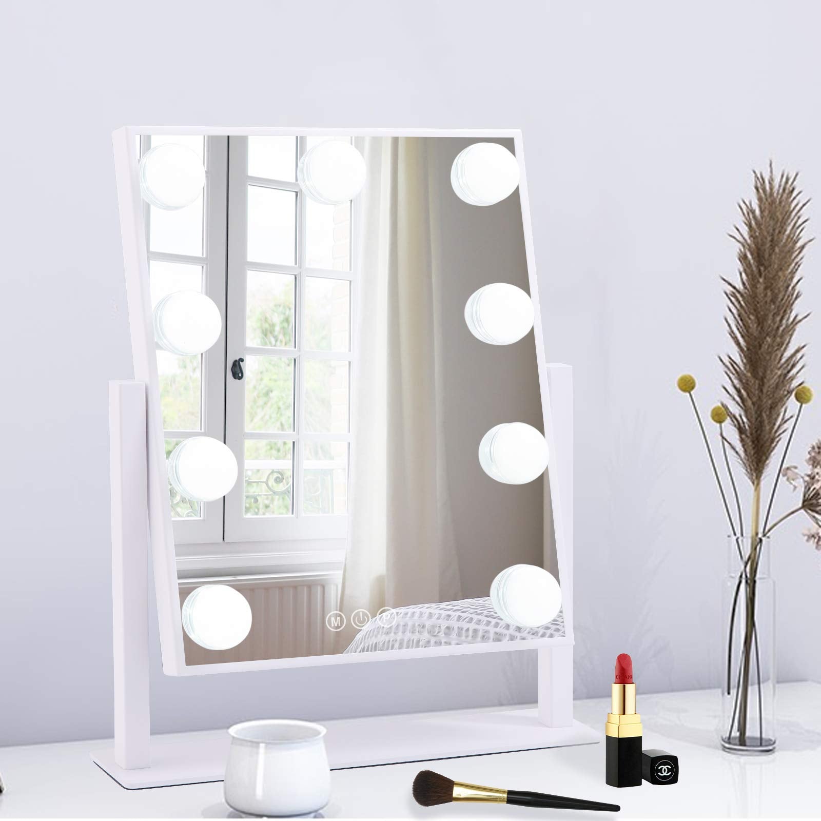 BWLLNI Lighted Makeup Mirror Hollywood Mirror Vanity Mirror with Lights, Touch Control Design 3 Colors Dimable LED Bulbs, Detachable 10X Magnification, 360°Rotation, White