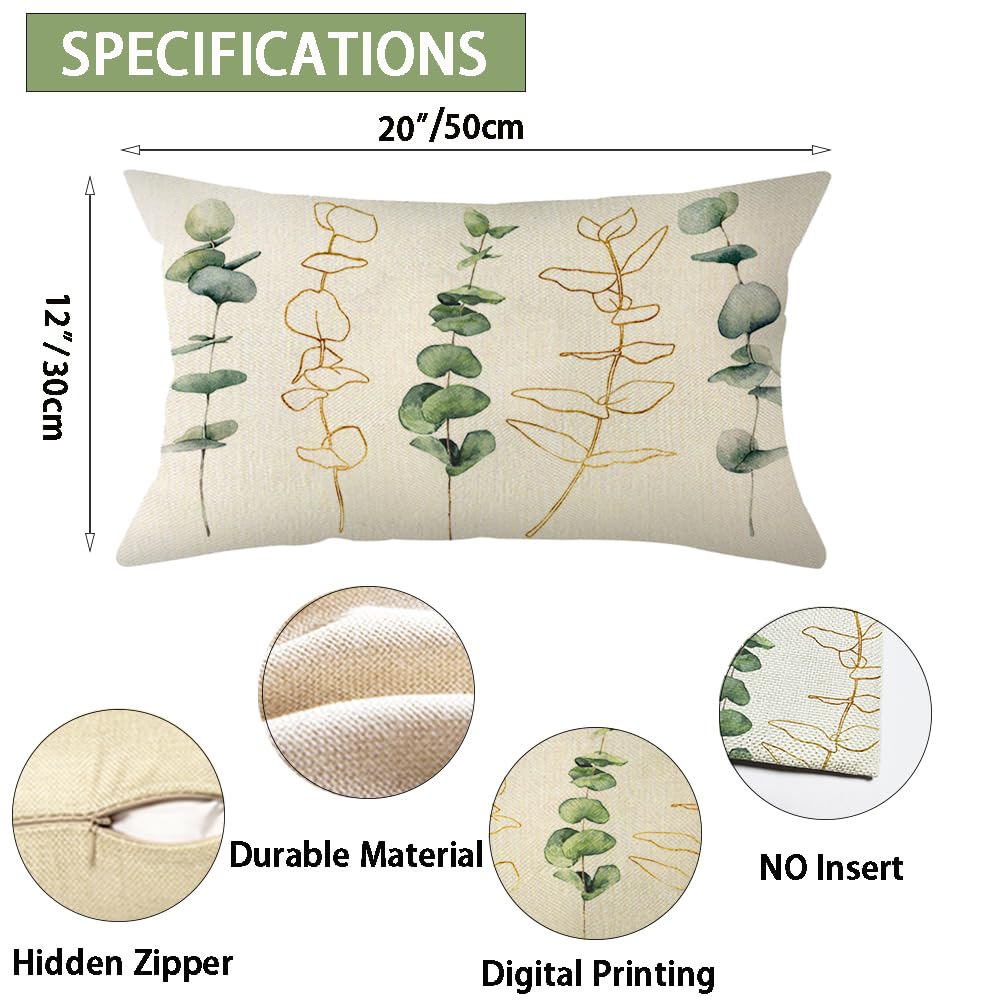 Ogiselestyle Watercolor Eucalyptus Leaves Throw Pillow Cover, 12 x 20 Inch Spring Summer Greenery Leaves Cushion Case for Sofa Couch