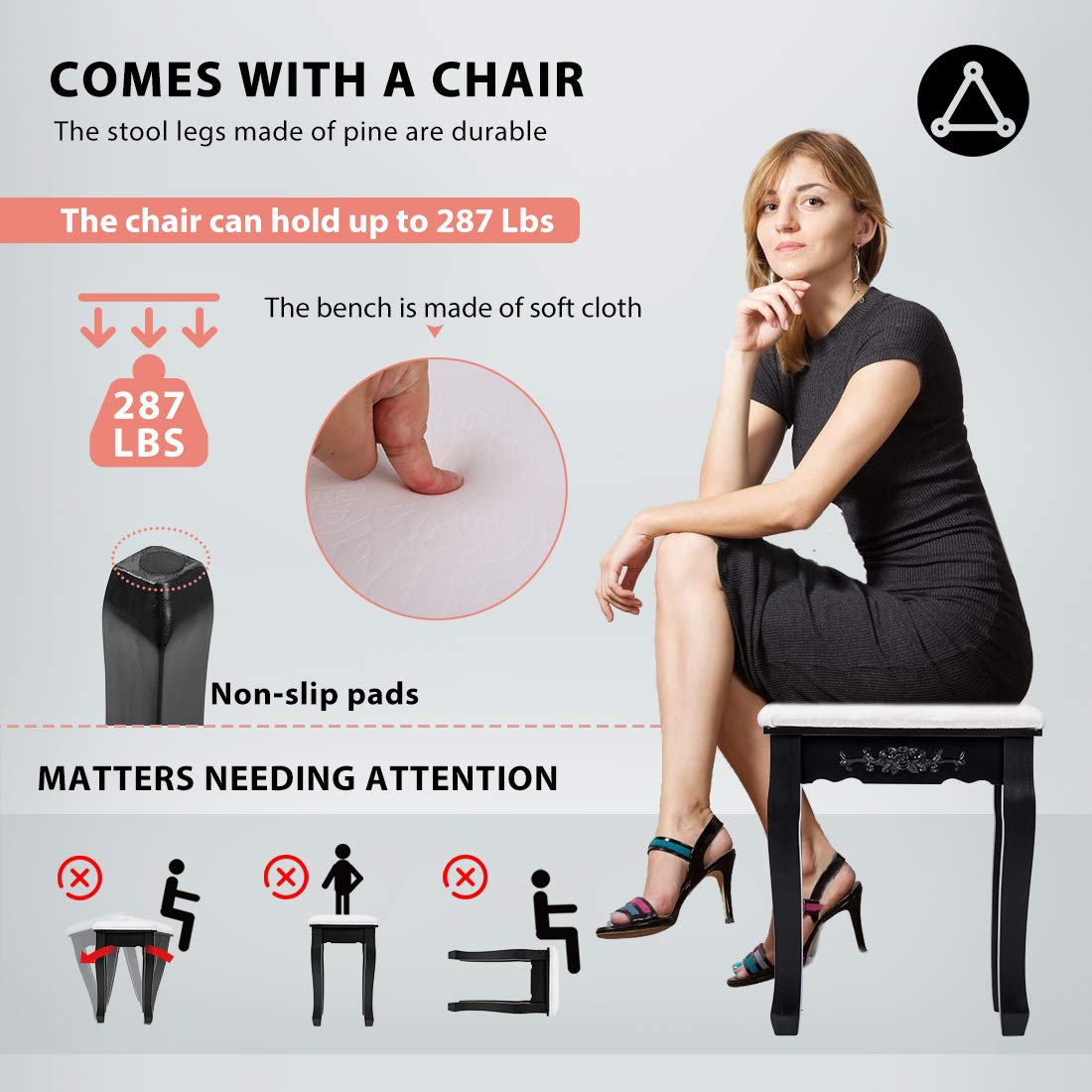 VIVOHOME Makeup Vanity Set with 10 Dimmable LED Bulbs, Dressing Table with 360° Rotating Lighted Mirror and Cushioned Stool, Black