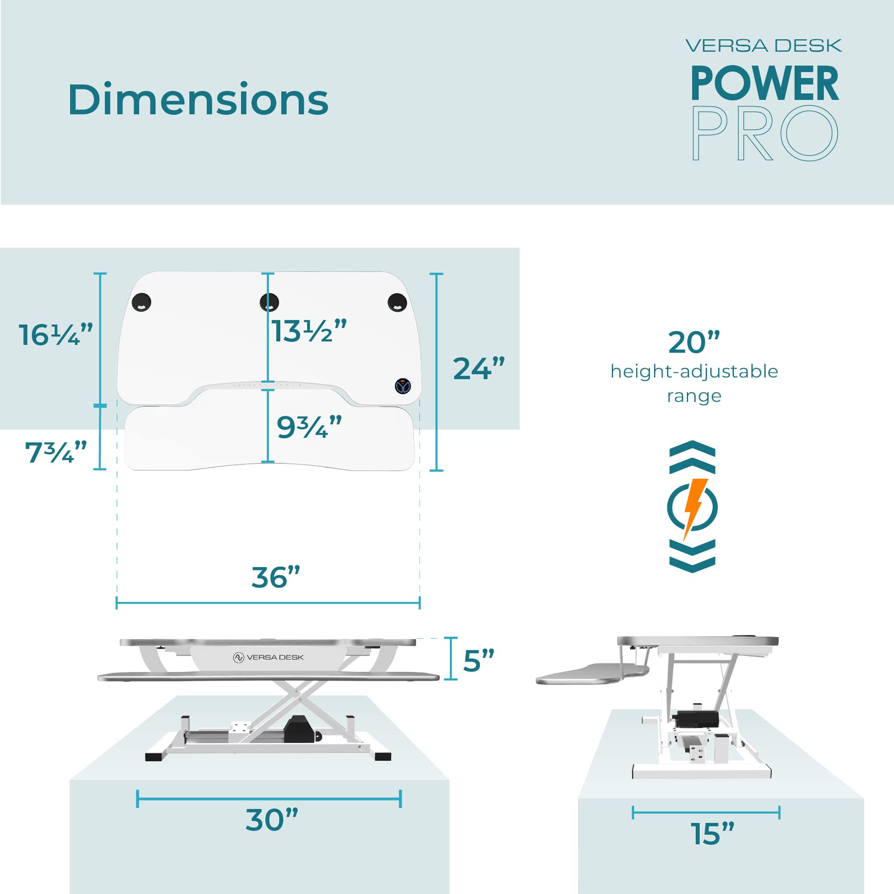 VERSADESK® PowerPro 36” x 24” Standing Desk Converter | 36 Inch Electric Height Adjustable Sit to Stand Desk Riser w/Keyboard Tray & USB Hub - Ergonomic Workstation for Home & Office, White