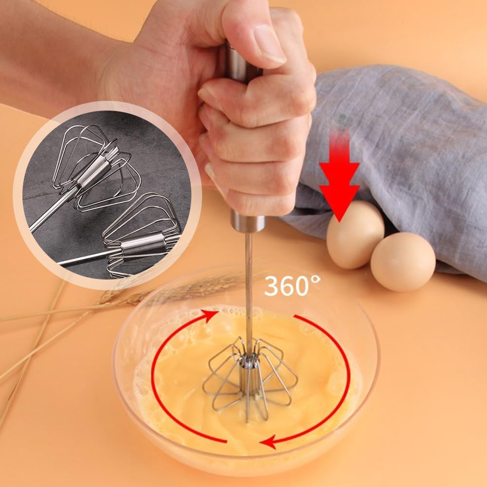 Stainless Steel Semi-Automatic Whisk, 2025 New Egg Whisk Hand Push Rotary Blender, Manual Mixer Stirrer Kitchen Tool for Blending, Whisking, Beating, Stirring (10in)