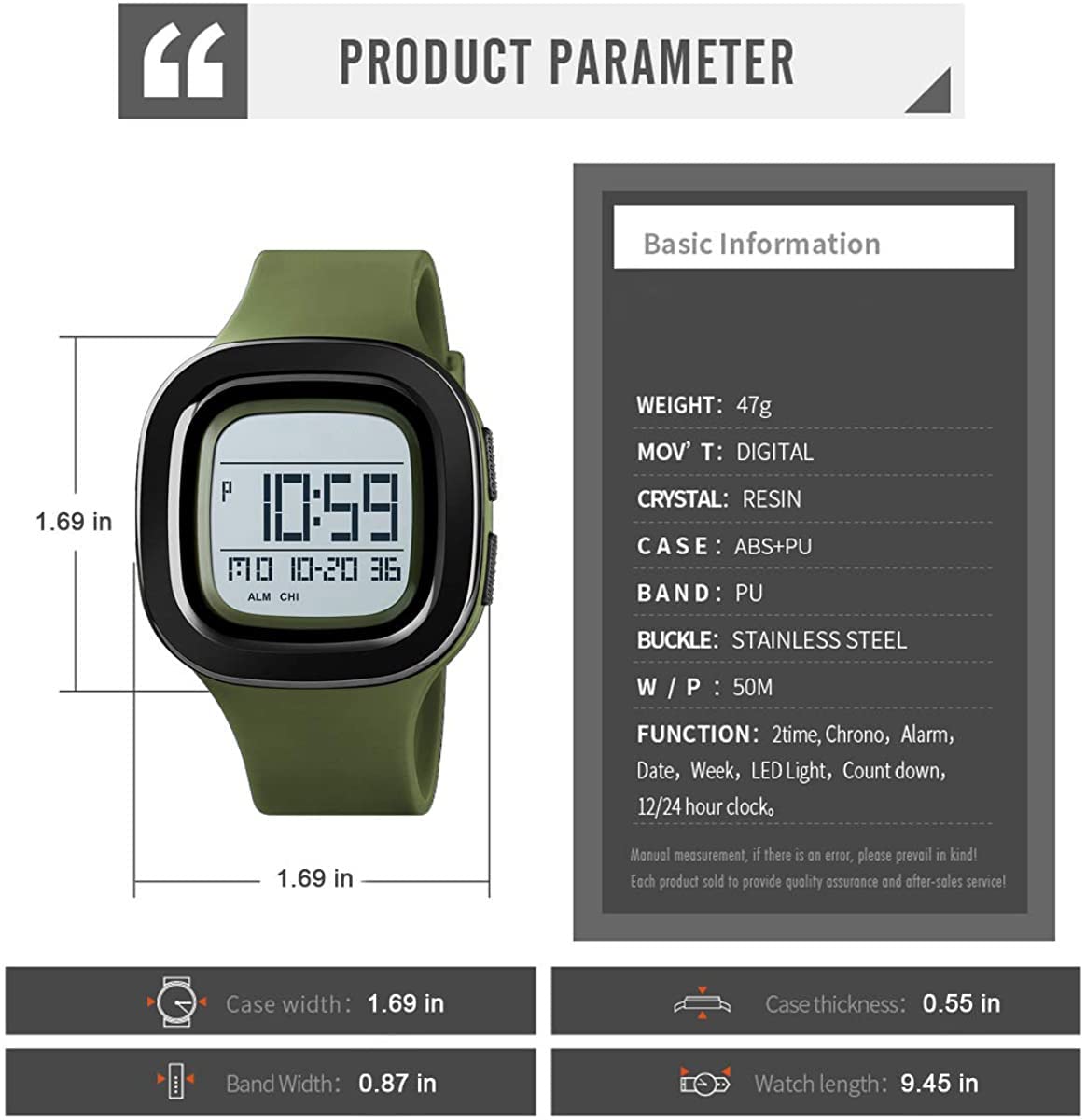 BESTKANG Unisex Outdoor Sports Watches LED Large Face Digital Sports Watch Military Waterproof Men Women Student Watches (B-Green)