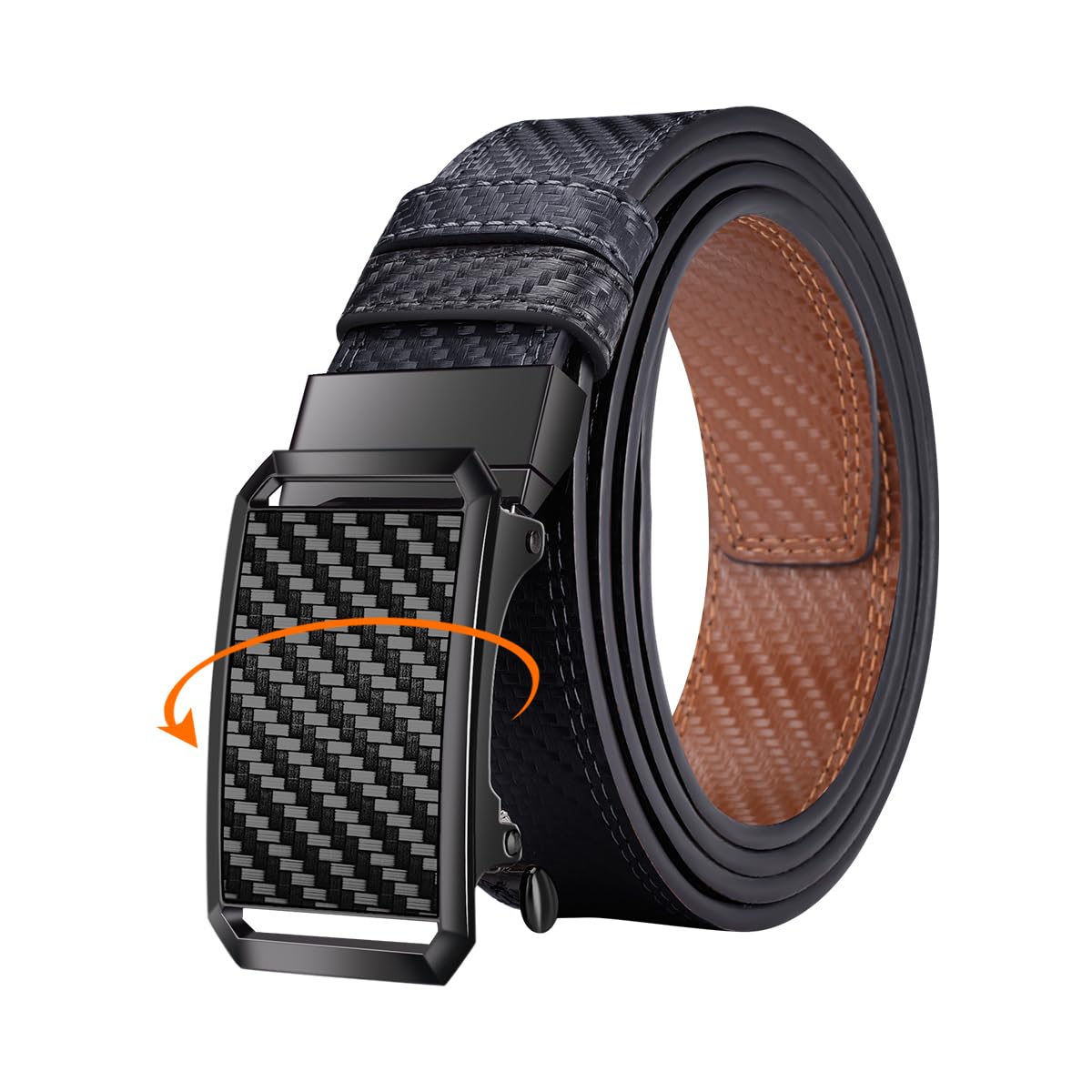 MACBORO Men's Two-in-One Black and Brown Leather Reversible Ratchet Buckle Belt