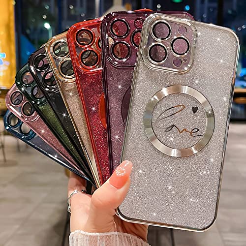 MGQILING Compatible with iPhone 14 Pro Max Magnetic Glitter Case-6.7 Inch, Luxury Love Heart Pattern Plating Clear Case, Compatible with MagSafe for Women Girls Shockproof Back Cover-Black