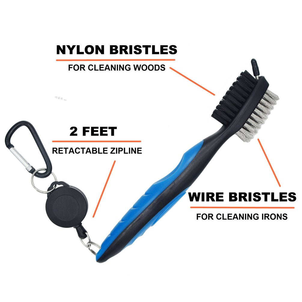 Pack of 2 Golf Club Brush and Groove Cleaner Brush Brushes in 2 for Golf Shoes/Golf Club/Golf/Golf Groove, Attach 2 feet Retractable Zip-line Aluminum Carabiner (Black+Blue)