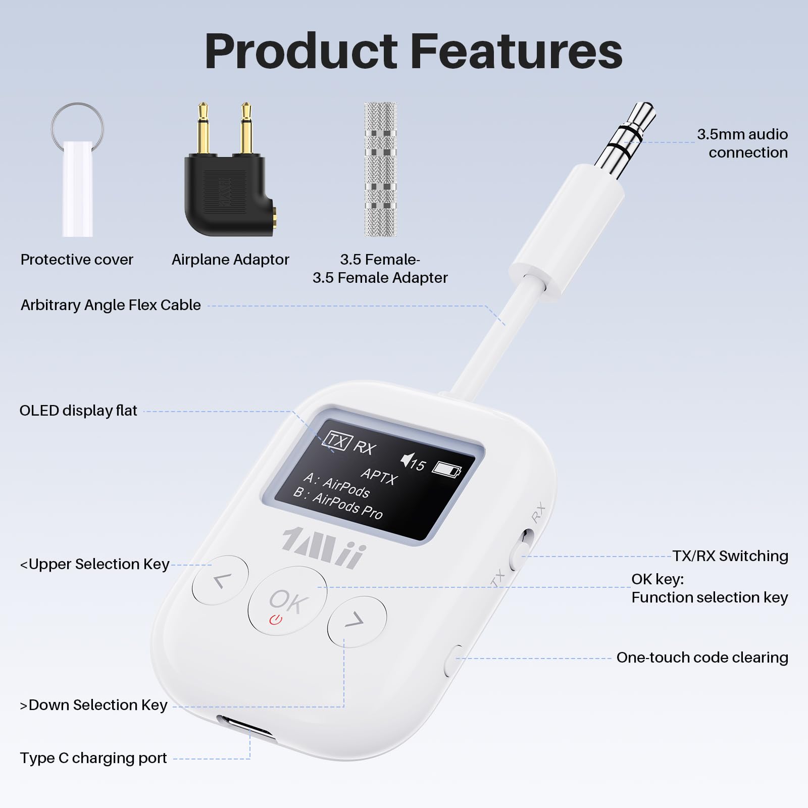 1Mii SafeFly Min+ Bluetooth Transmitter and Receiver,Bluetooth Adapter for Airplane, 2 Devices can be Linked,Use with Any 3.5mm Jack on Airplanes, Gym Equipment, TVs,Old Audio and Auto-2024Upgraded