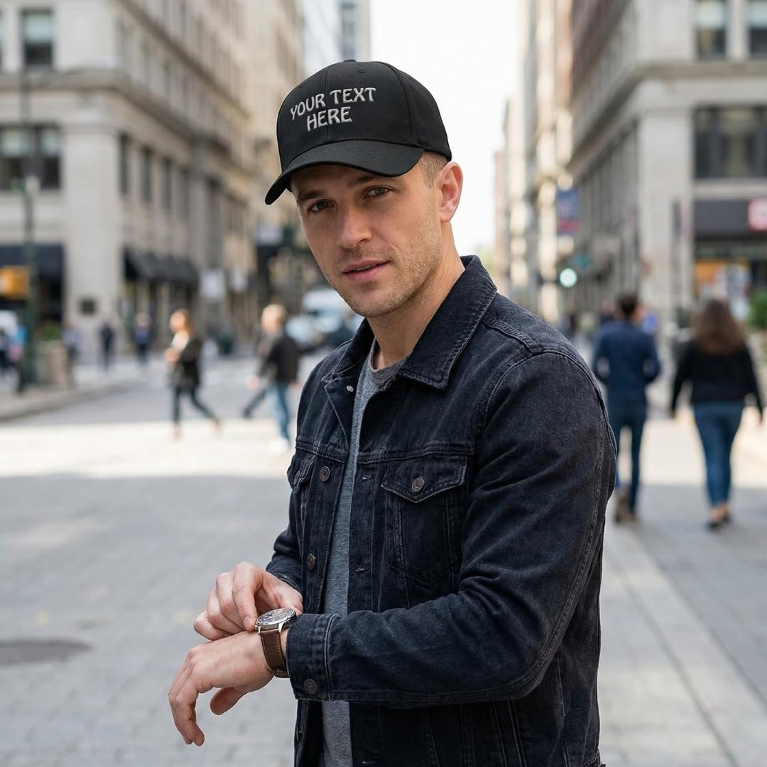 Baseball Cap Custom Personalized Text Acrylic Dad Hats for Men & Women Strap Closure Black