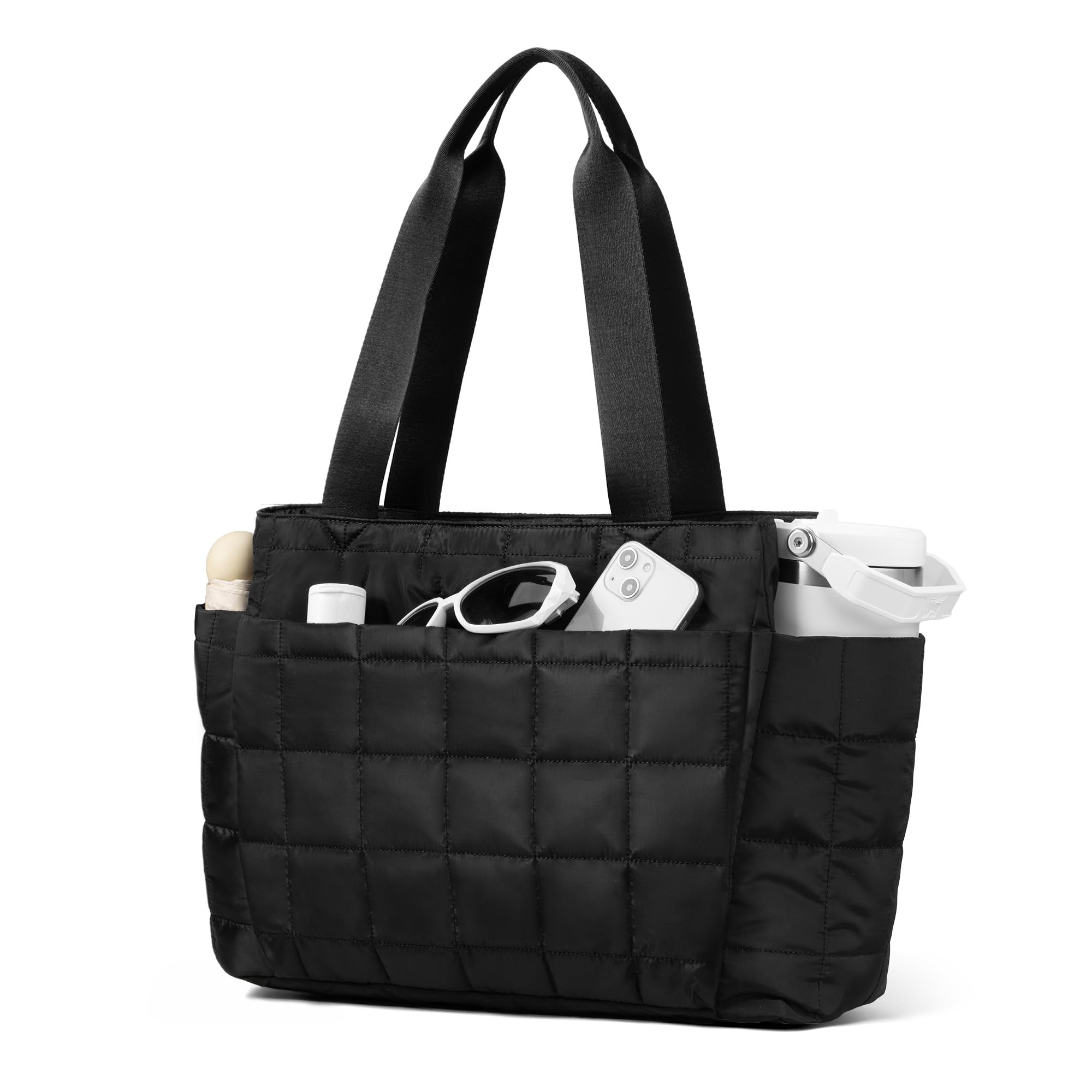 befen Tote Bag for Women, Lightweight Puffy Tote Bag with Compartments, Large 15.6 Inch Laptop Shoulder Bag with Zipper, Quilted Shoulder Bag Handbag for Clinical Travel, Work, Gym, Black