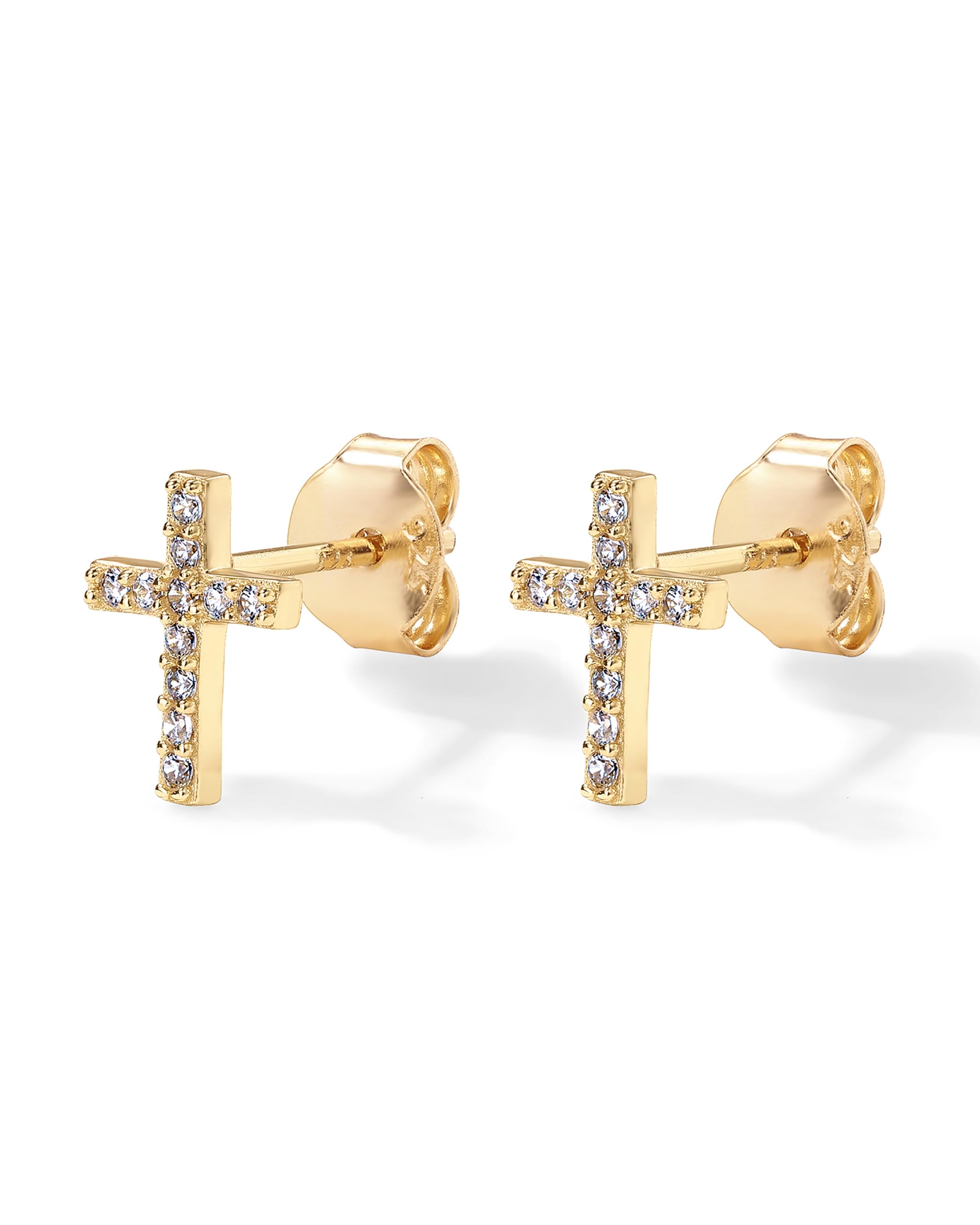 PAVOI 14K Yellow Gold Plated Girls Sterling Silver Earrings | Pave CZ Yellow Gold Cross Earrings for Women