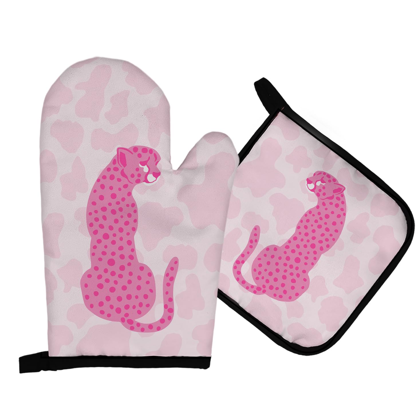 Mingnei Hot Pink Cheetah Oven Mitts and Pot Holders Sets, Funky Pink Leopard Heat Resistant Potholder Kitchen Decor for Cooking Baking BBQ Grilling, Trendy Preppy Animal Oven Glove Set Kitchen Decor