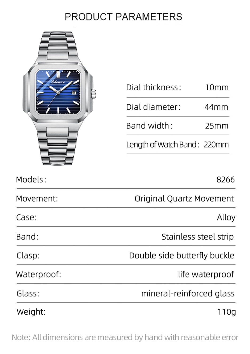BESTKANG Men's Classic Square Watch - Silver Stainless Steel Analog Quartz Dress Watch with Luminous Hands, Date Calendar, 30M Water Resistant for Business Casual (Blue)