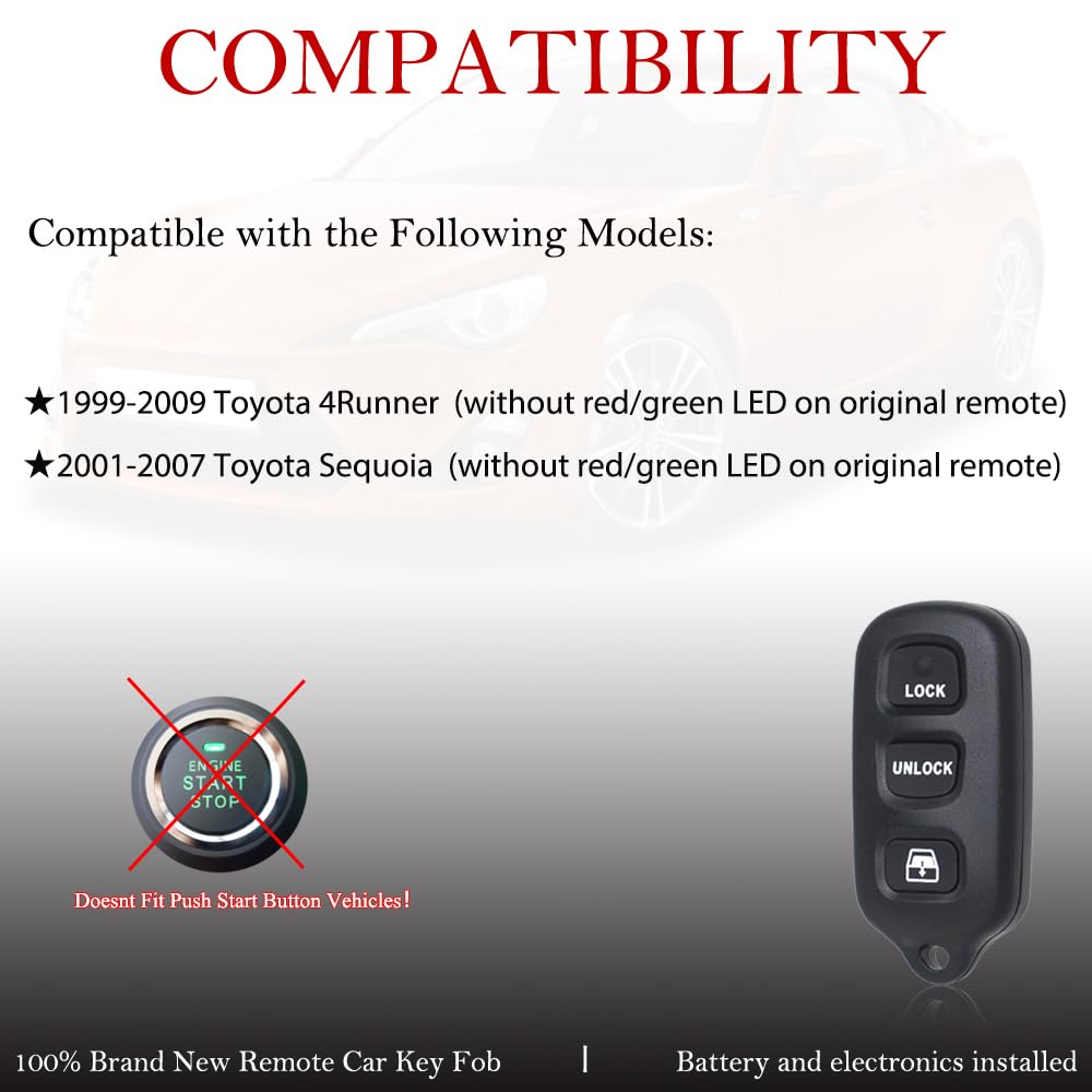 Key Fob Remote Replacement Fits for Toyota 4Runner 1999 2000 2001 2002 2003 2004 2005 2006 2007-2009/Sequoia 2001-2007 HYQ12BBX Keyless Entry Remote Control HYQ12BAN/HYQ1512Y/89742-35050(Pack of 2)