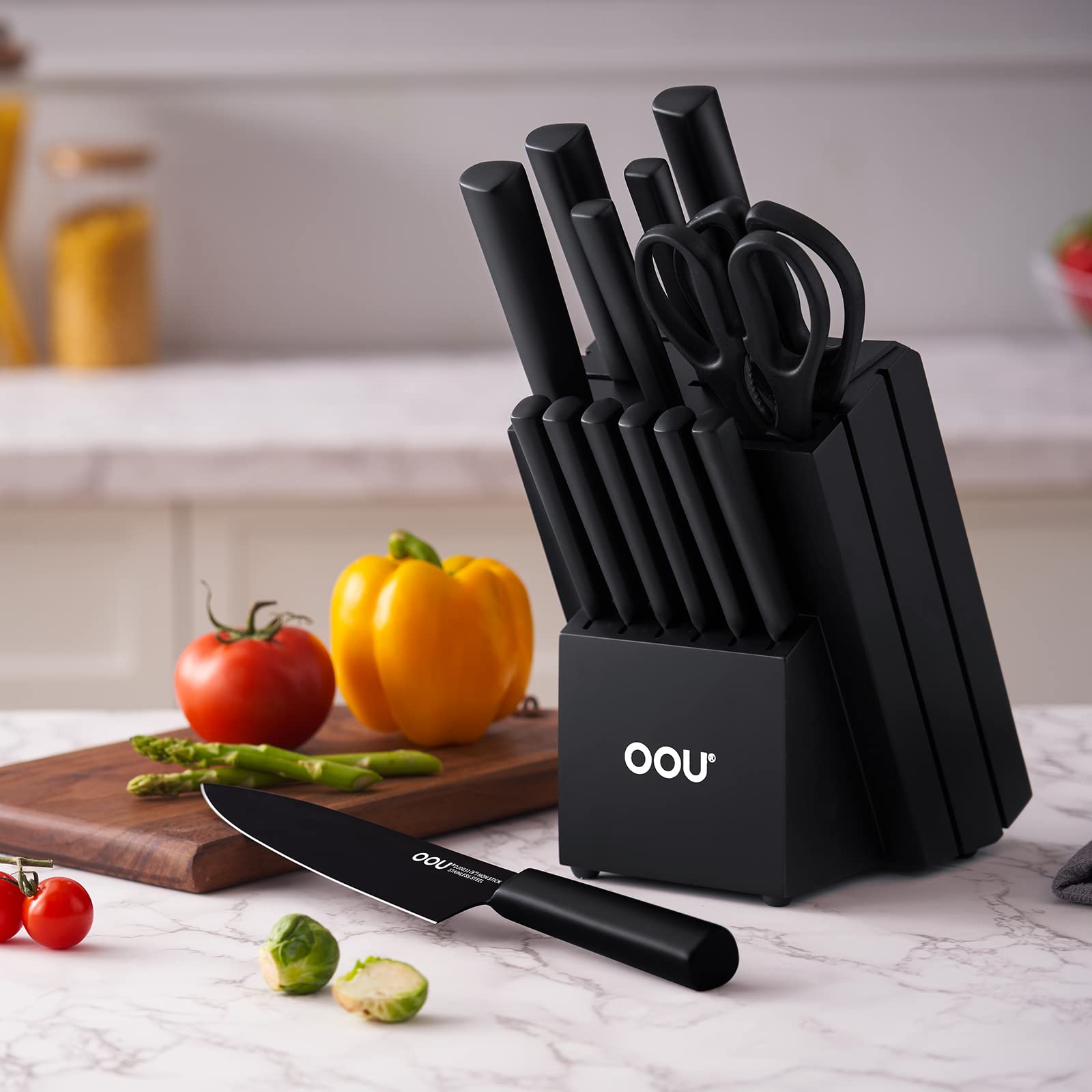 OOU Kitchen Knife Block Set - 15 Pieces High Carbon Stainless Steel Chef Knife Sets, Anti-Rust Black Knives Set with Built-in Sharpener Block, Black