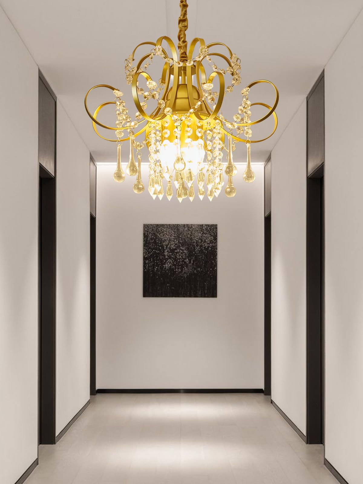 SMGFUNE 3-Light Small Chandelier for Bathroom, Modern Crystal Chandelier for Closet, Gold Light Fixture for Hallway Entryway Foyer Kitchen Island Living Room