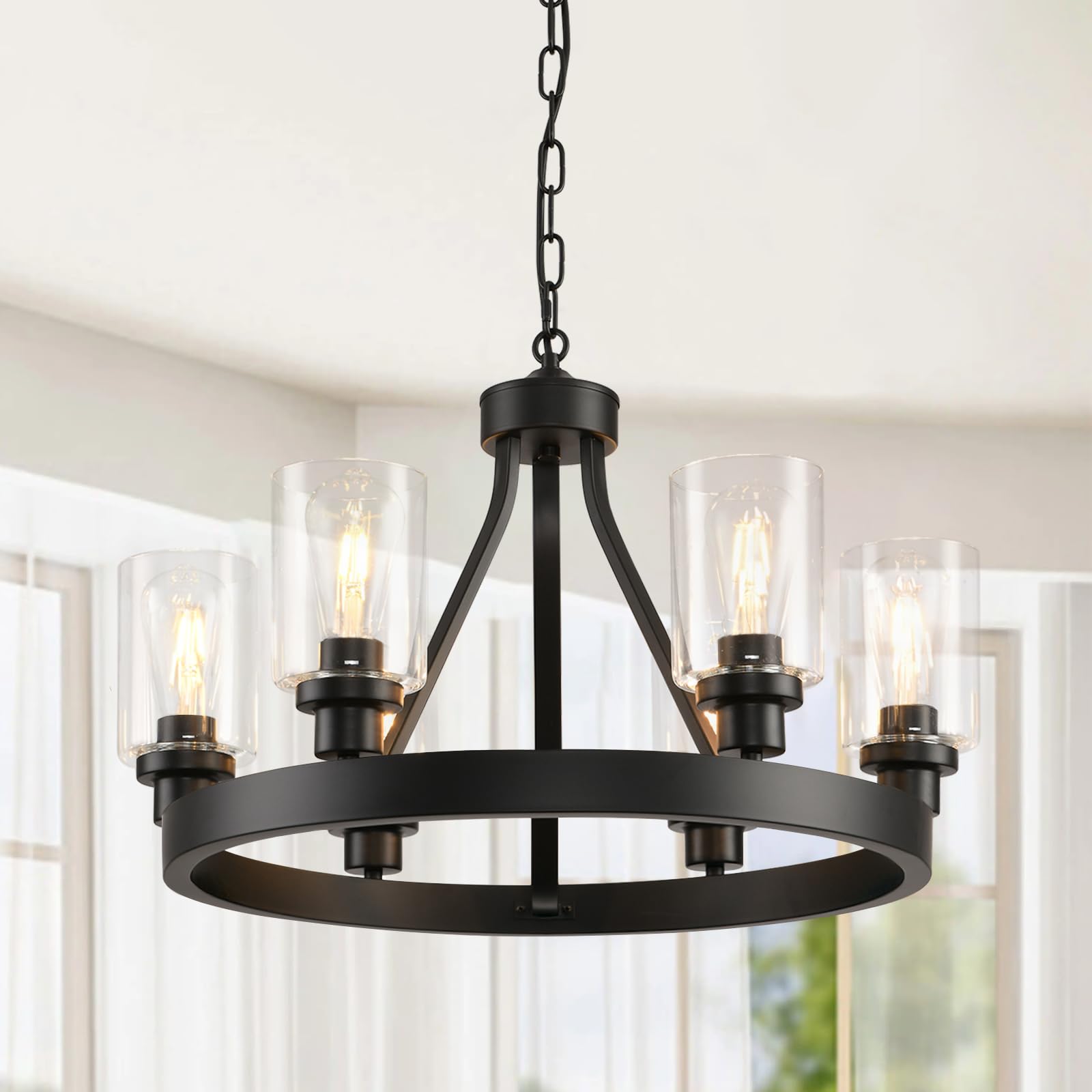 6 Light Farmhouse Chandelier, Black Dining Room Light Fixtures Ceiling Hanging Metal Wagon Wheel Chandeliers Black Pendant Light Fixtures for Kitchen Island, Dining Room, Living Rooom, Bedroom,Foyer