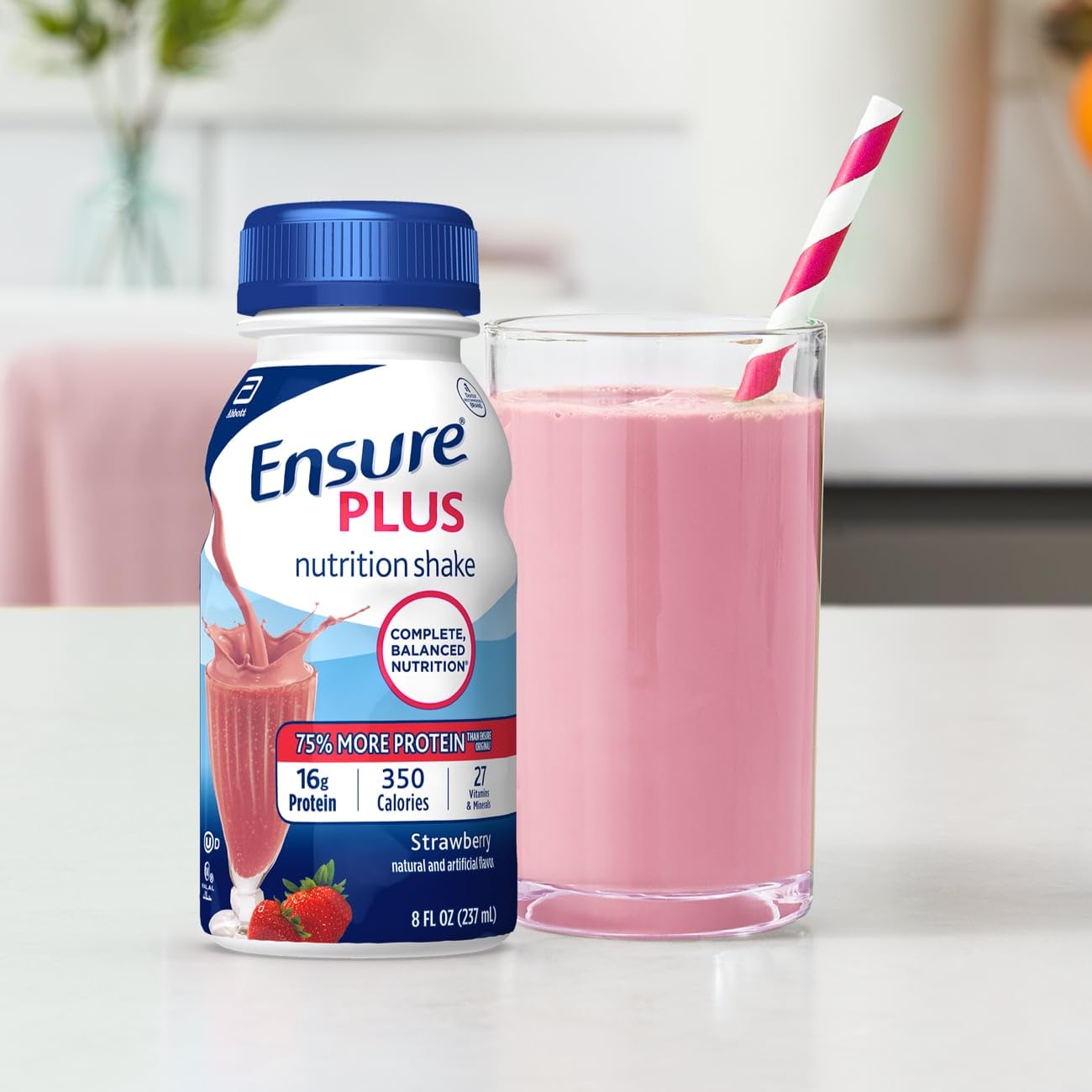 Ensure Plus Strawberry Nutrition Shake With Fiber | Meal Replacement Shake | Ready To Drink | 16g Protein and 27 Vitamins and Minerals | 8 fl oz - 24 Pack