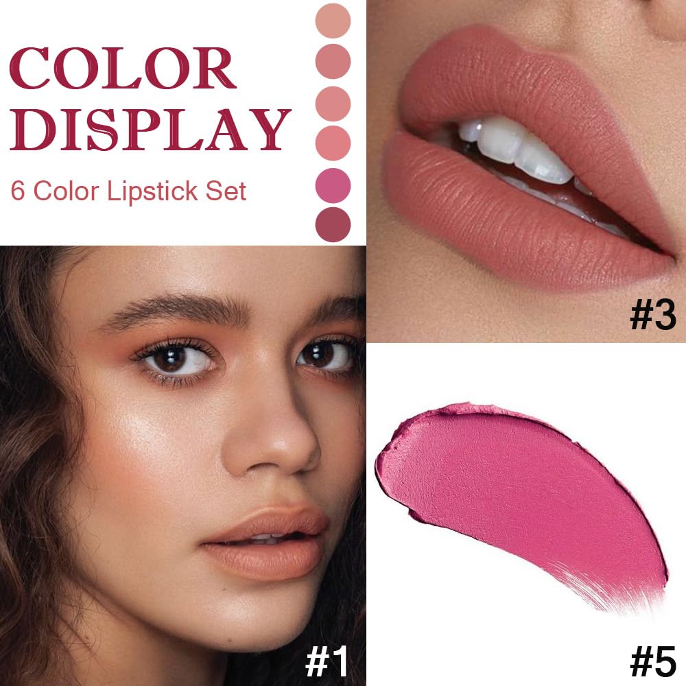 evpct 6Pcs Nude Brown Pink Purple Rose Red Mauve Matte Lipstick Sets for Women Velvet Lipstick Long Lasting Waterproof 24 Hours Lip Stick Stain Makeup Gift Sets labiales mate 24 horas originales A