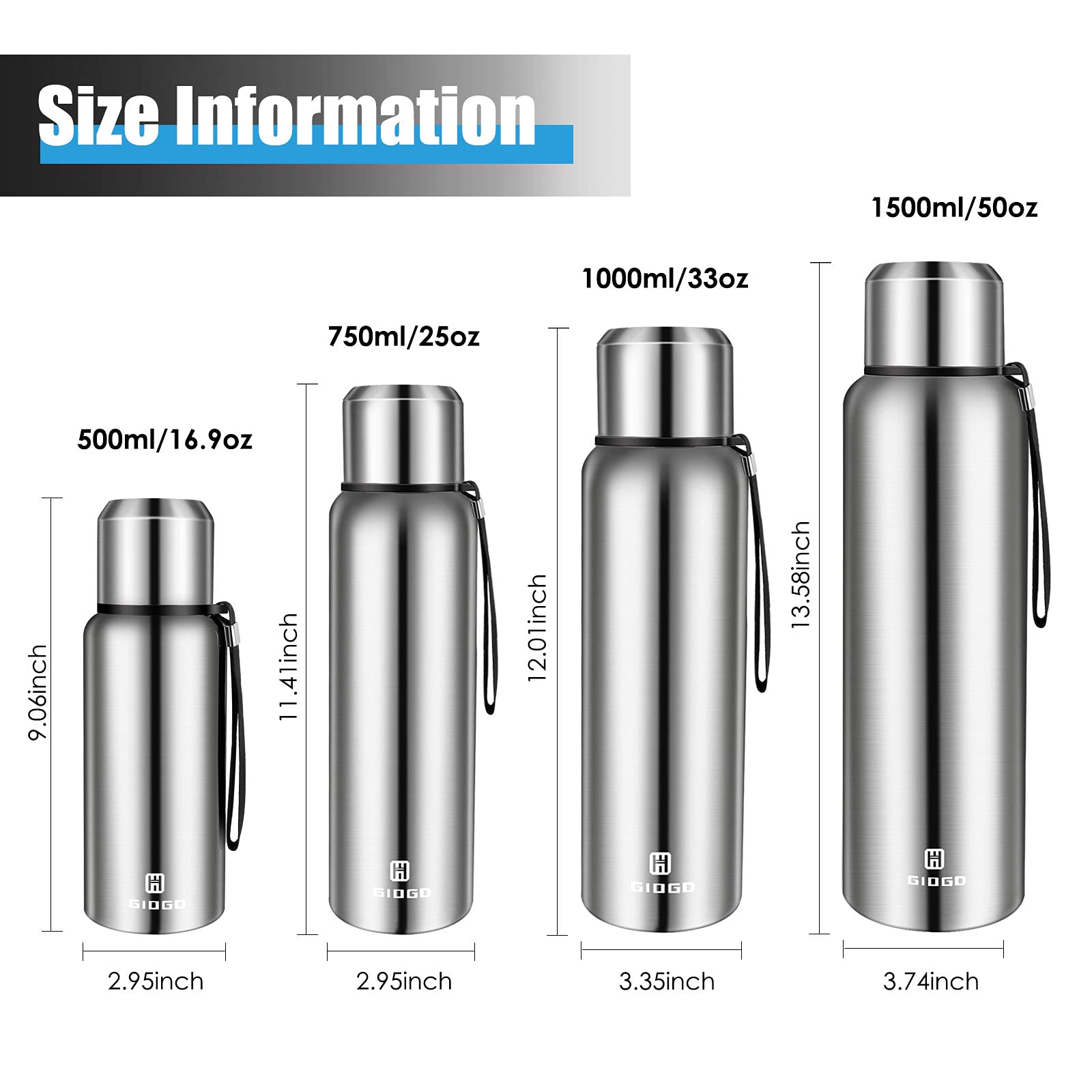 Insulated vacuum Thermo Bottle 750ml/25.4oz with cup Stainless steel coffee bottles for hot and cold drink water flask.(Silver,750ml)