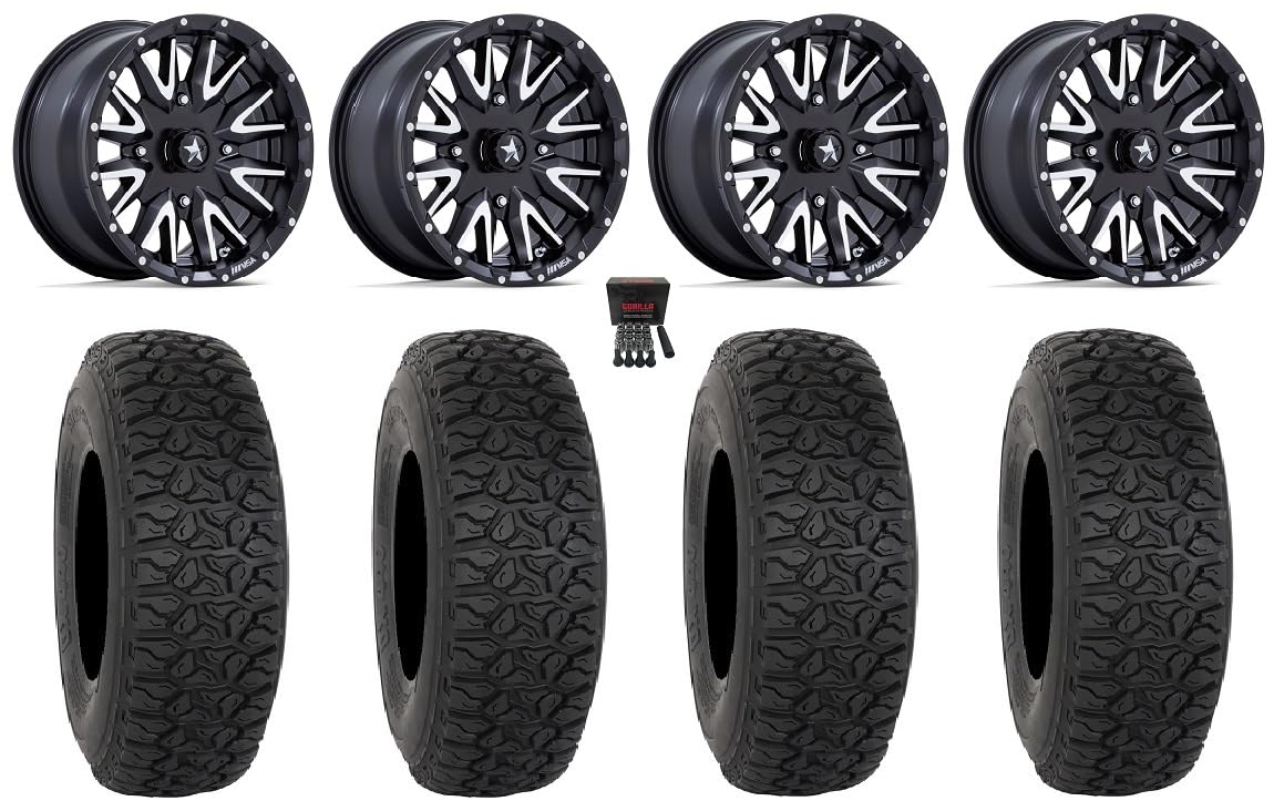 Bundle - 9 Items: MSA Creed 15" Wheels Machined 32" DX440 Tires [4x110 Bolt Pattern 12mmx1.25 Lug Kit]