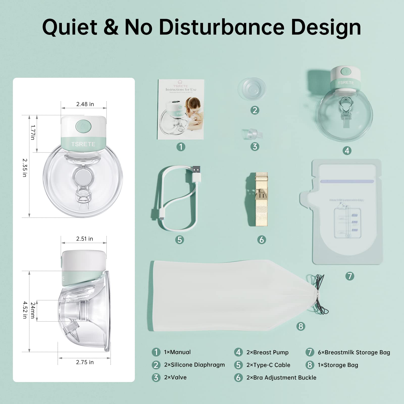 TSRETE Double Wearable Breast Pump, Electric Hands-Free Breast Pumps with 2 Modes, 9 Levels, LCD Display, Memory Function Rechargeable with Massage and Pumping Mode 24mm Flange-Green